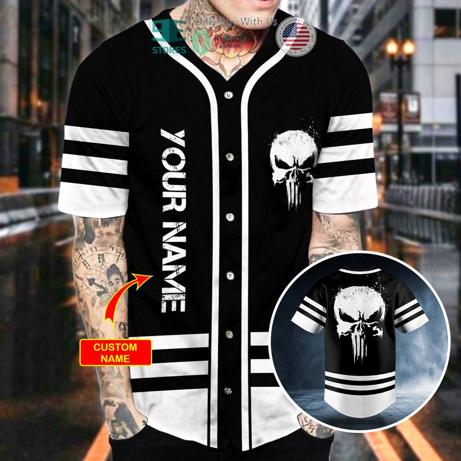 personalized black white punisher skull custom baseball jersey 2 53243