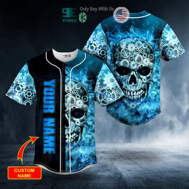 personalized blue mechanism gear skull custom baseball jersey 1 66905