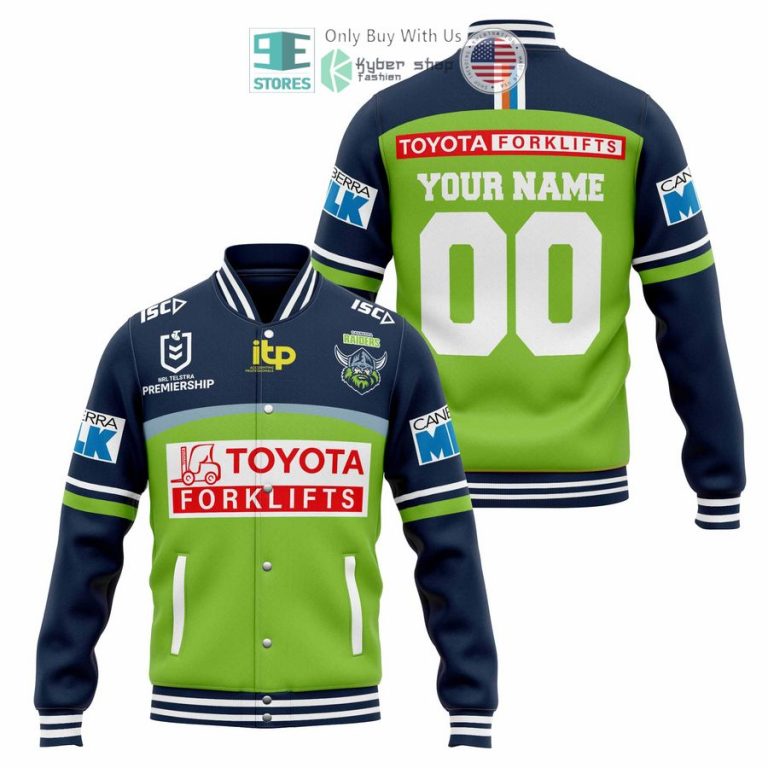 personalized canberra raiders toyota forklifts baseball jacket 1 53004