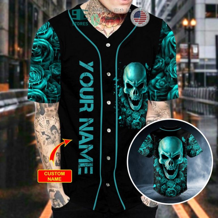 personalized dark aquamarine color roses sugar skull custom baseball jersey 2 75612