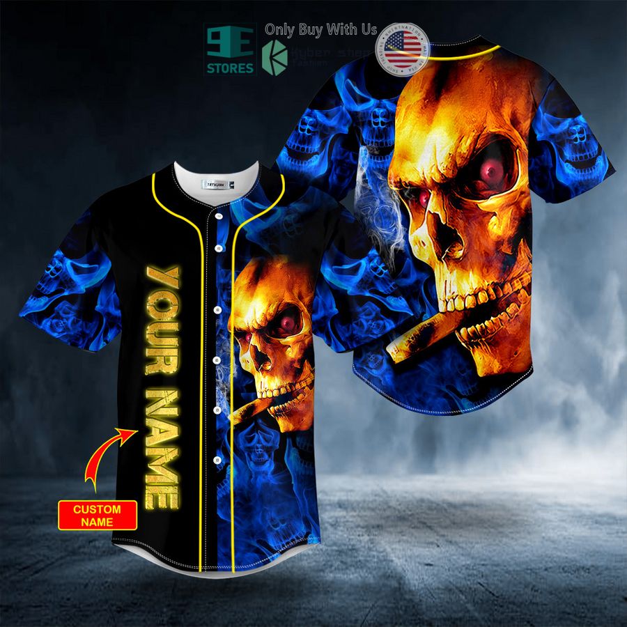 personalized golden smoking blue smoke skull custom baseball jersey 1 80968