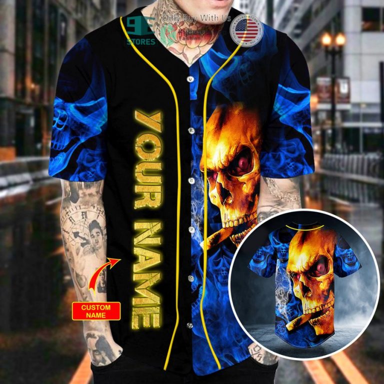 personalized golden smoking blue smoke skull custom baseball jersey 2 18645