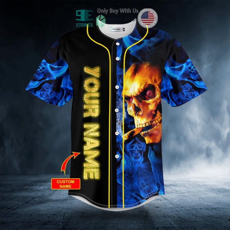 personalized golden smoking blue smoke skull custom baseball jersey 3 11022