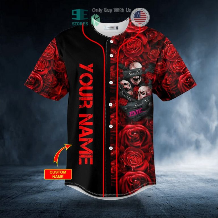 personalized hear no evil see no evil speak no evil rose skull custom baseball jersey 3 72332