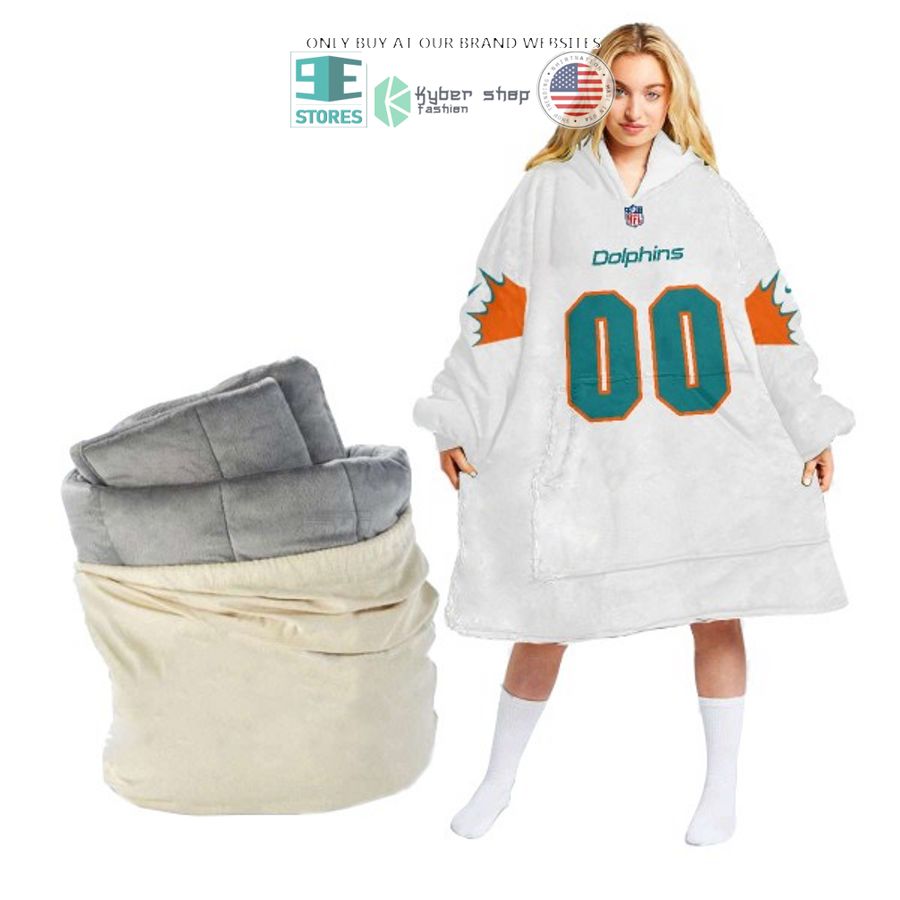 personalized miami dolphins white sherpa hoodie blanket 1 6642