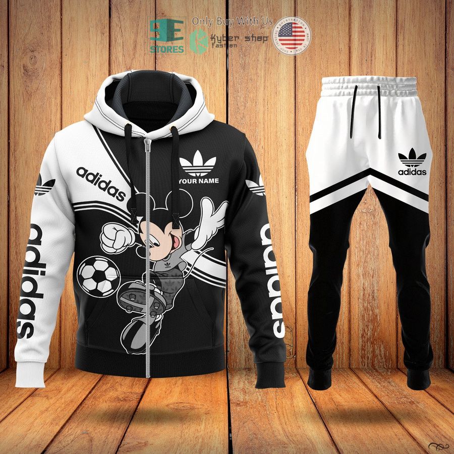 personalized mickey mouse play football adidas black white zip hoodie long pants 1 11755