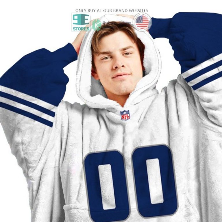 personalized nfl logo blue white sherpa hoodie blanket 3 28619