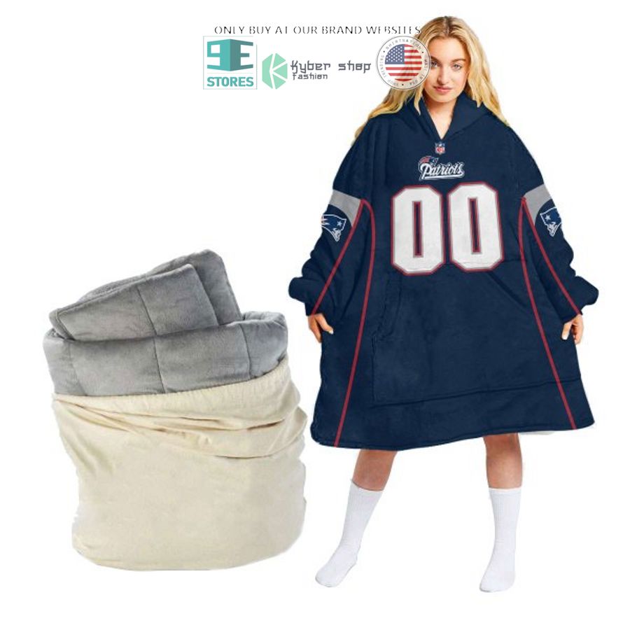 personalized nfl new england patriots logo blue sherpa hoodie blanket 1 5776