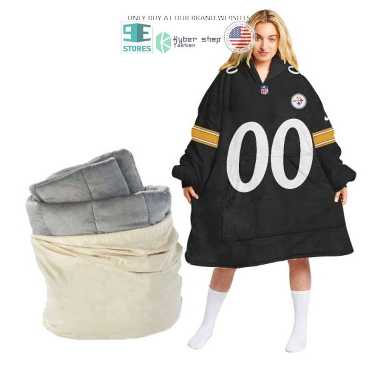 personalized pittsburgh steelers logo black sherpa hoodie blanket 1 45972