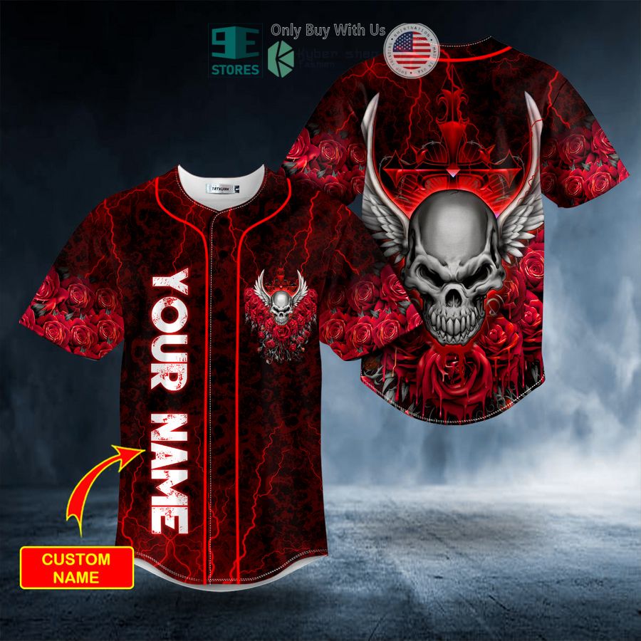 personalized red roses winged angel skull custom baseball jersey 1 68144