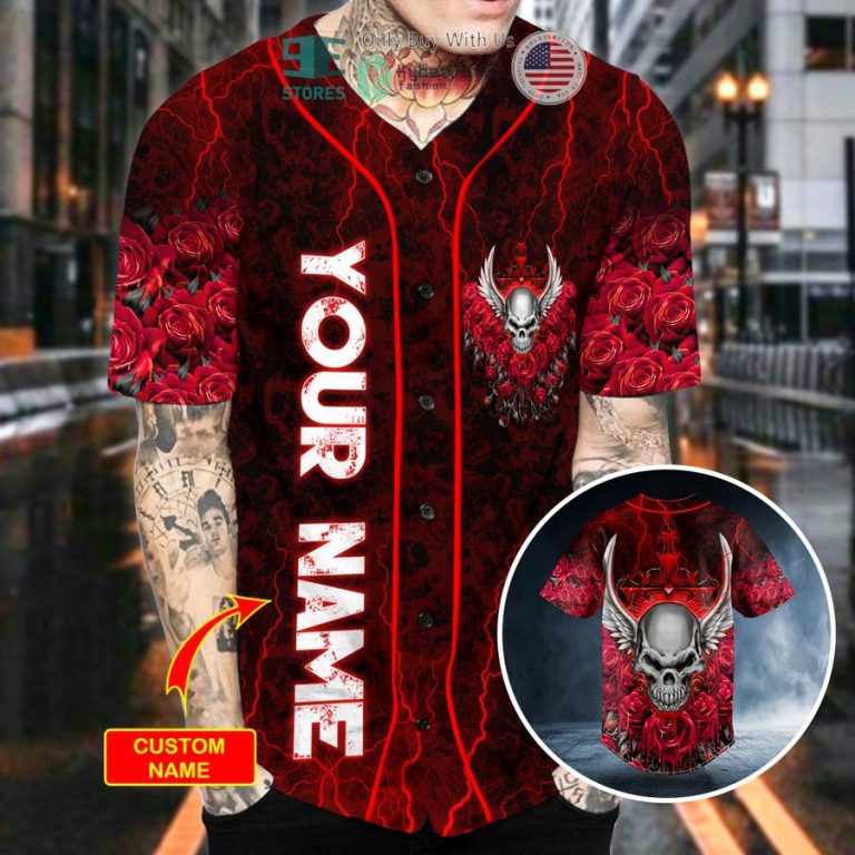 personalized red roses winged angel skull custom baseball jersey 3 44177