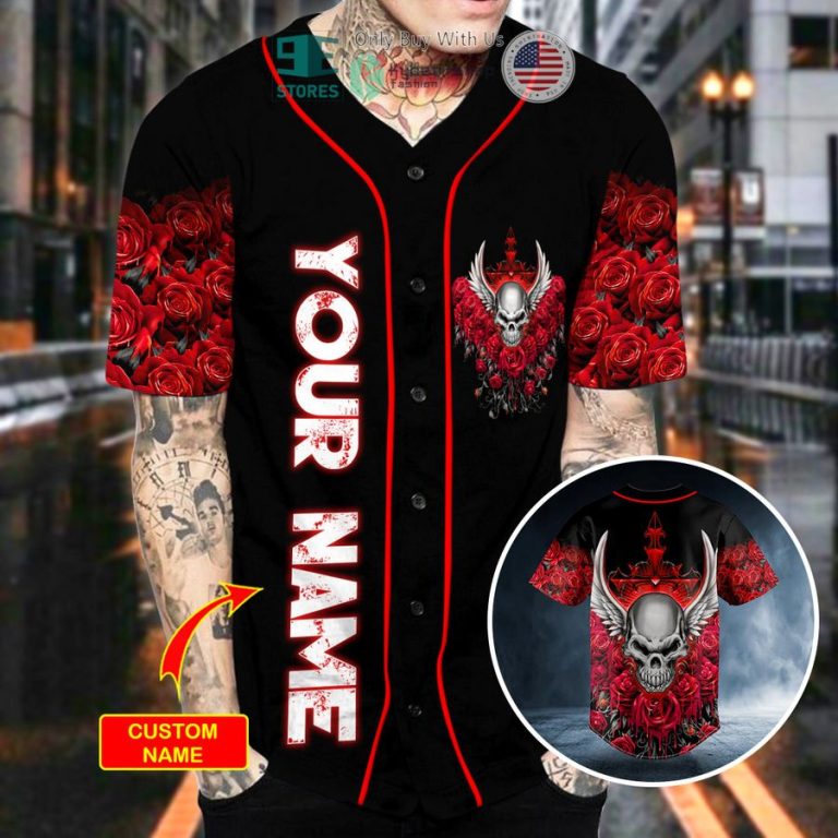 personalized roses winged skull custom baseball jersey 3 66414