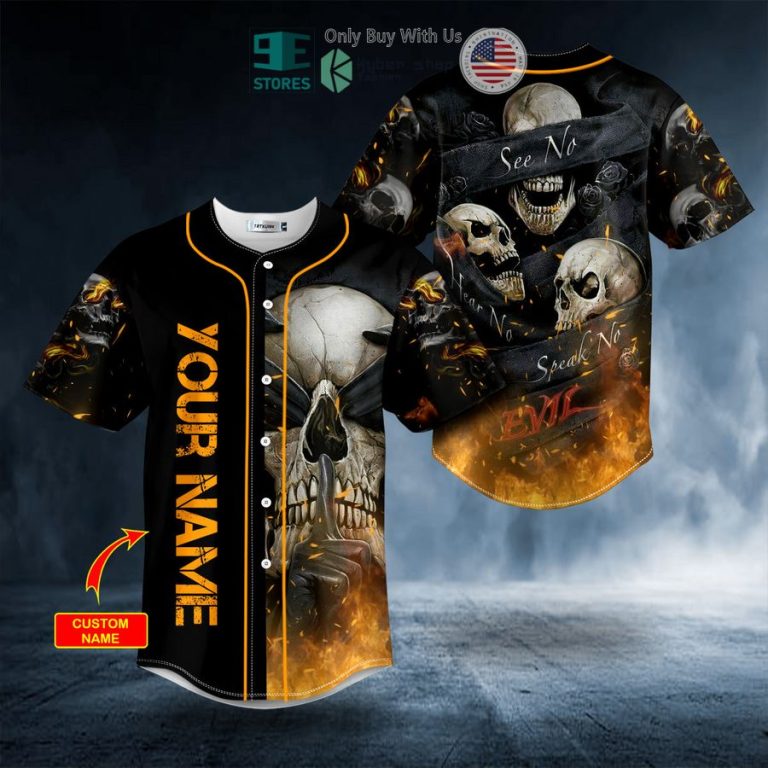 personalized see hear speak no evil fire skull custom baseball jersey 1 95228