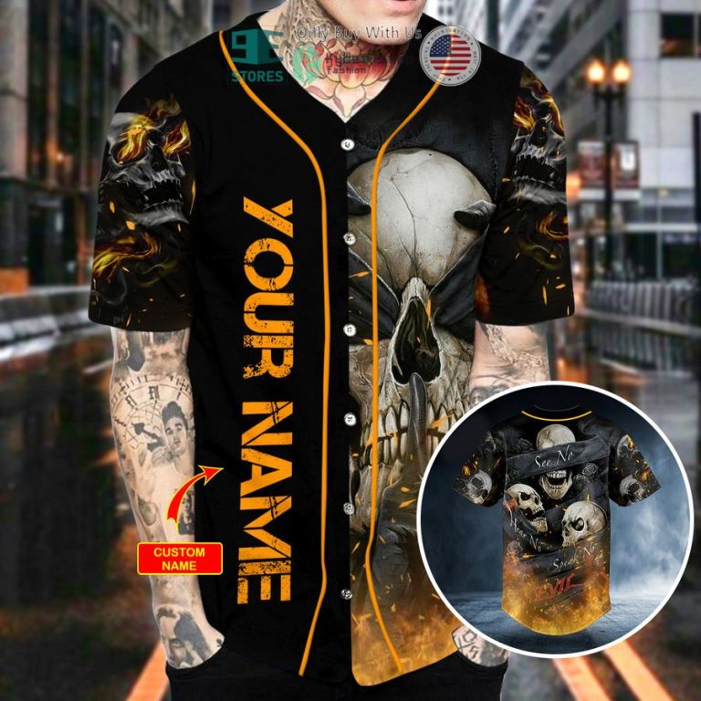 personalized see hear speak no evil fire skull custom baseball jersey 2 53591