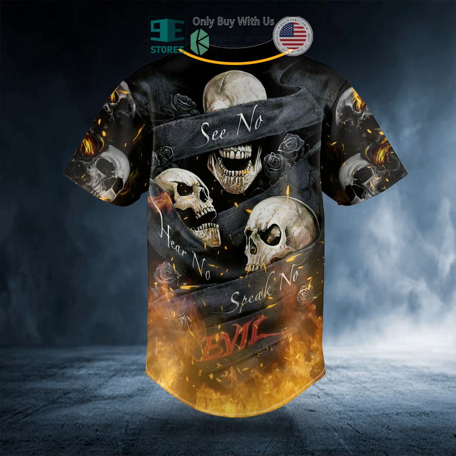 personalized see hear speak no evil fire skull custom baseball jersey 4 47641