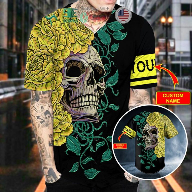 personalized yellow green floral sugar skull custom baseball jersey 2 16386