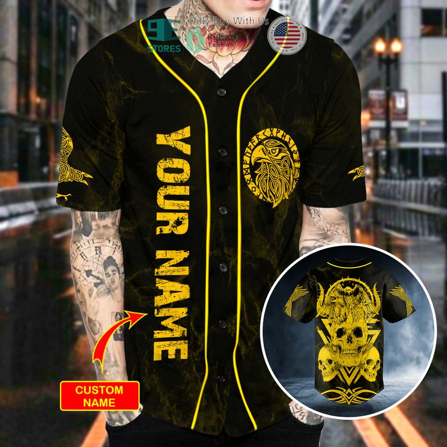 personalized yellow raven viking skull custom baseball jersey 2 9153