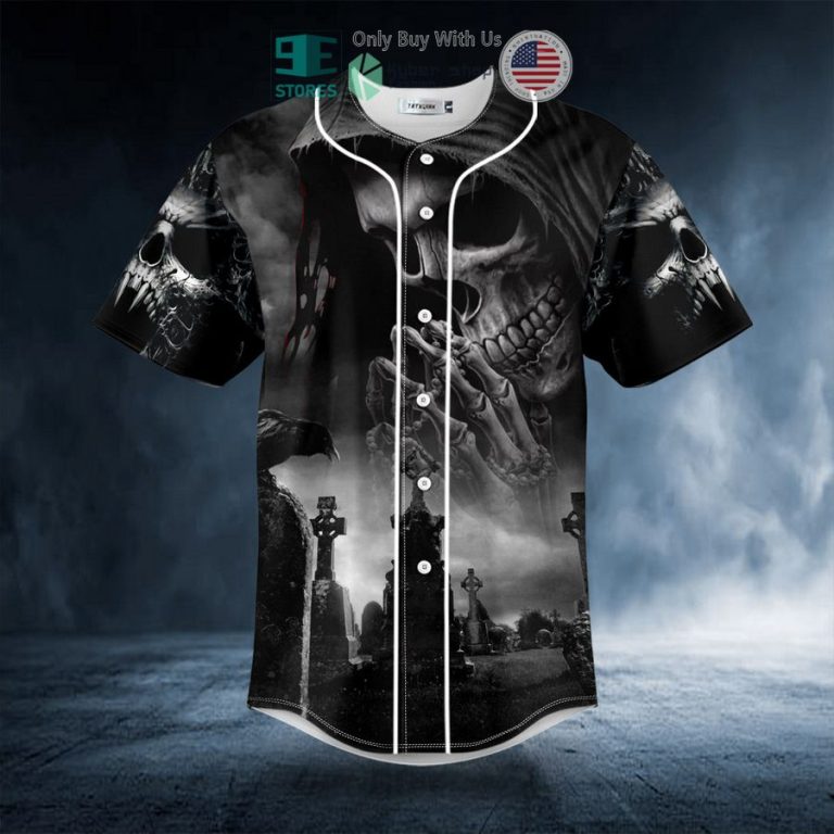 praying grim reaper in graveyard skull baseball jersey 3 41545