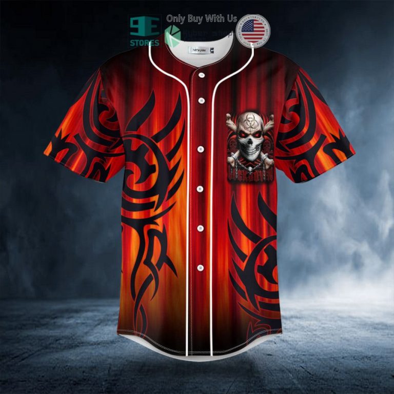 red tribal tattoos lockdown biohazard skull baseball jersey 3 45351