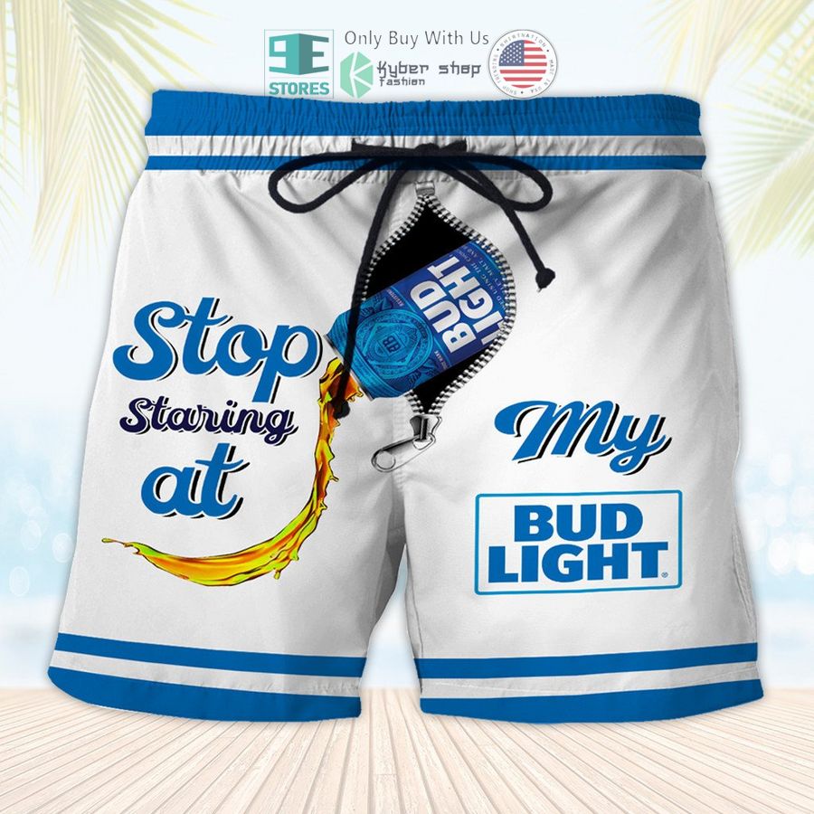 stop staring at my bud light beer white beach shorts 1 9145