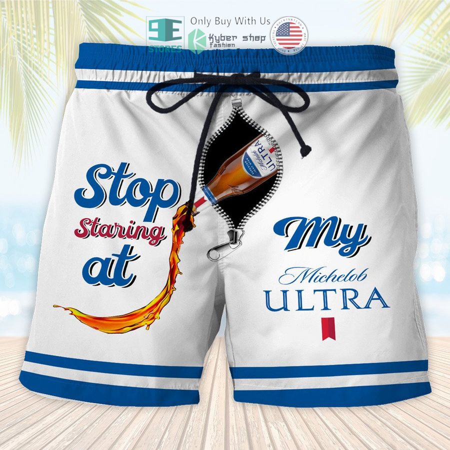 stop staring at my michelob ultra beer white beach shorts 1 68999