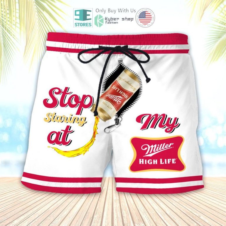 stop staring at my miller high life beach shorts 1 42971