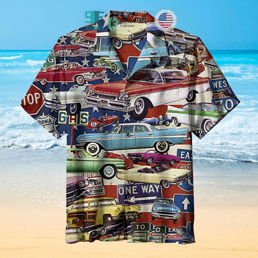 vintage car collage hawaiian shirt 1 16575