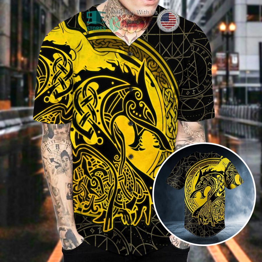 yellow viking wolf tattoo baseball jersey 2 41604