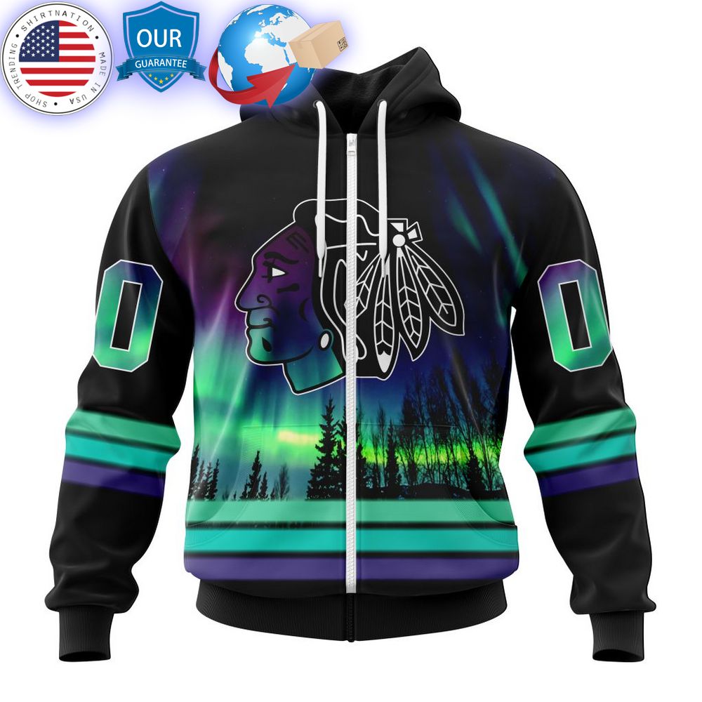 hot custom chicago blackhawks special design with northern lights shirt 2