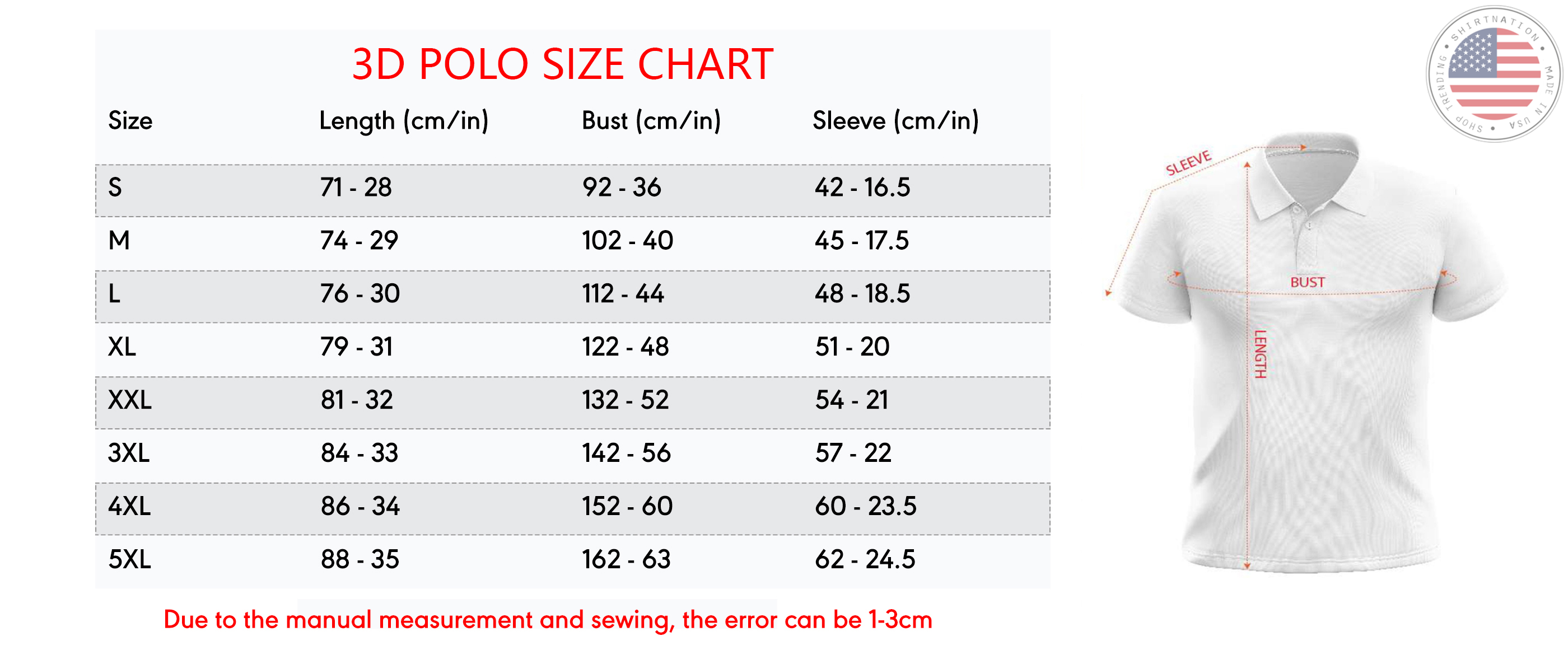 3D polo size chart shirtnation