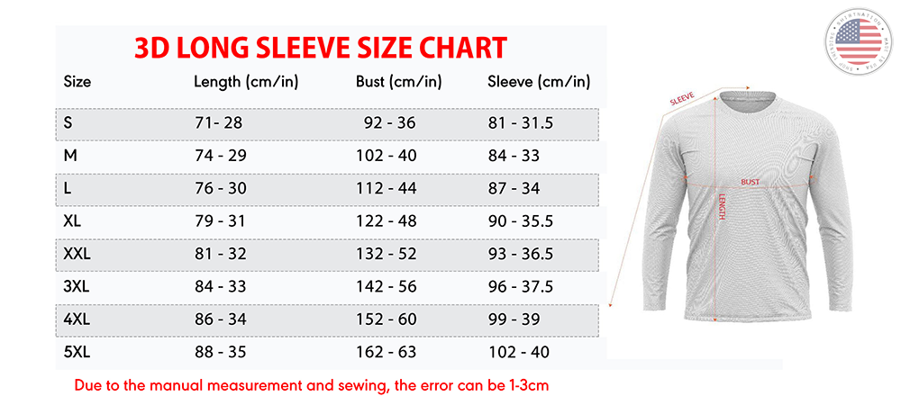 3D Long Sleeve Size Chart Shirtnation
