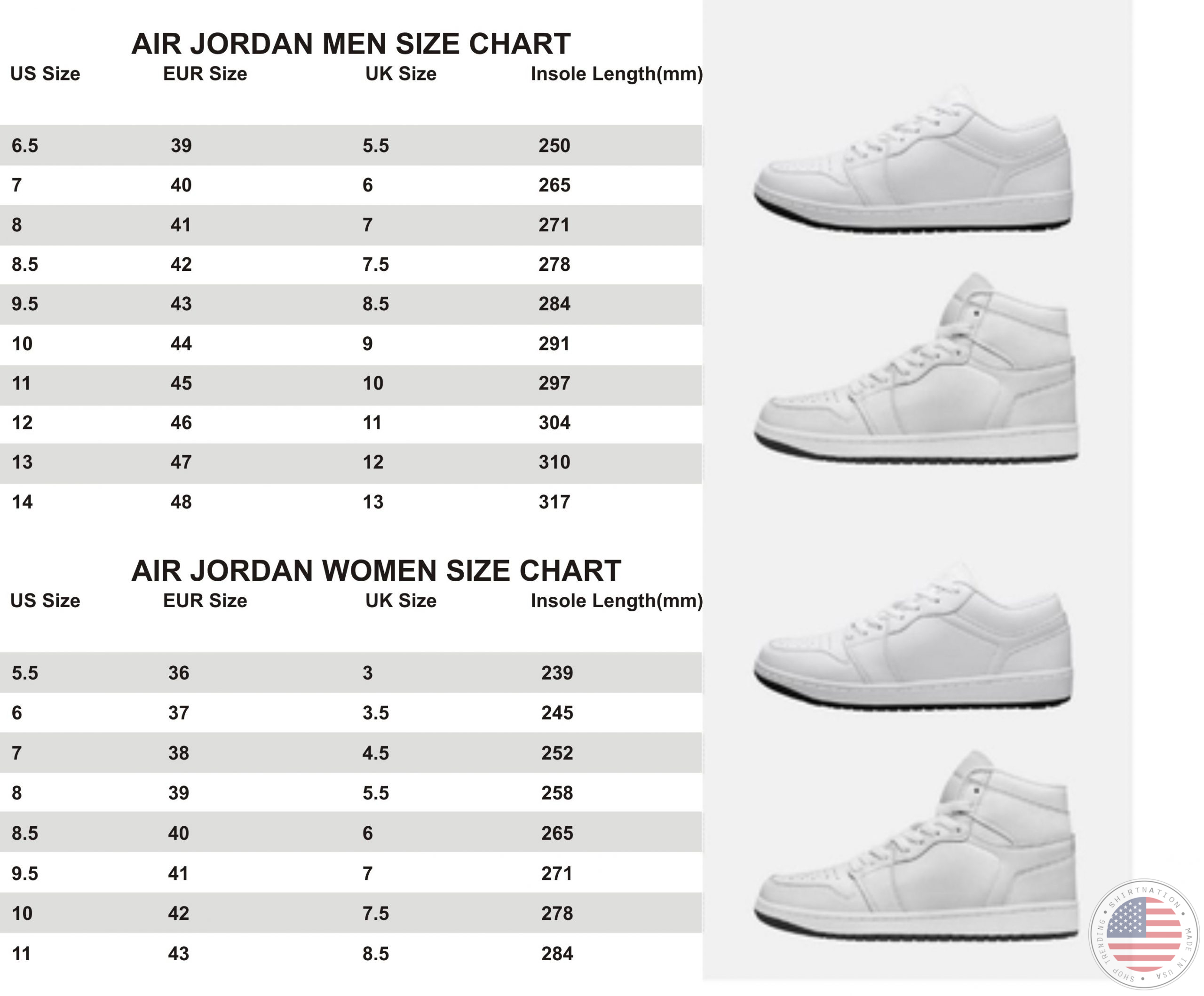 Shirtnation Air Jordan High Top Shoes Size Chart