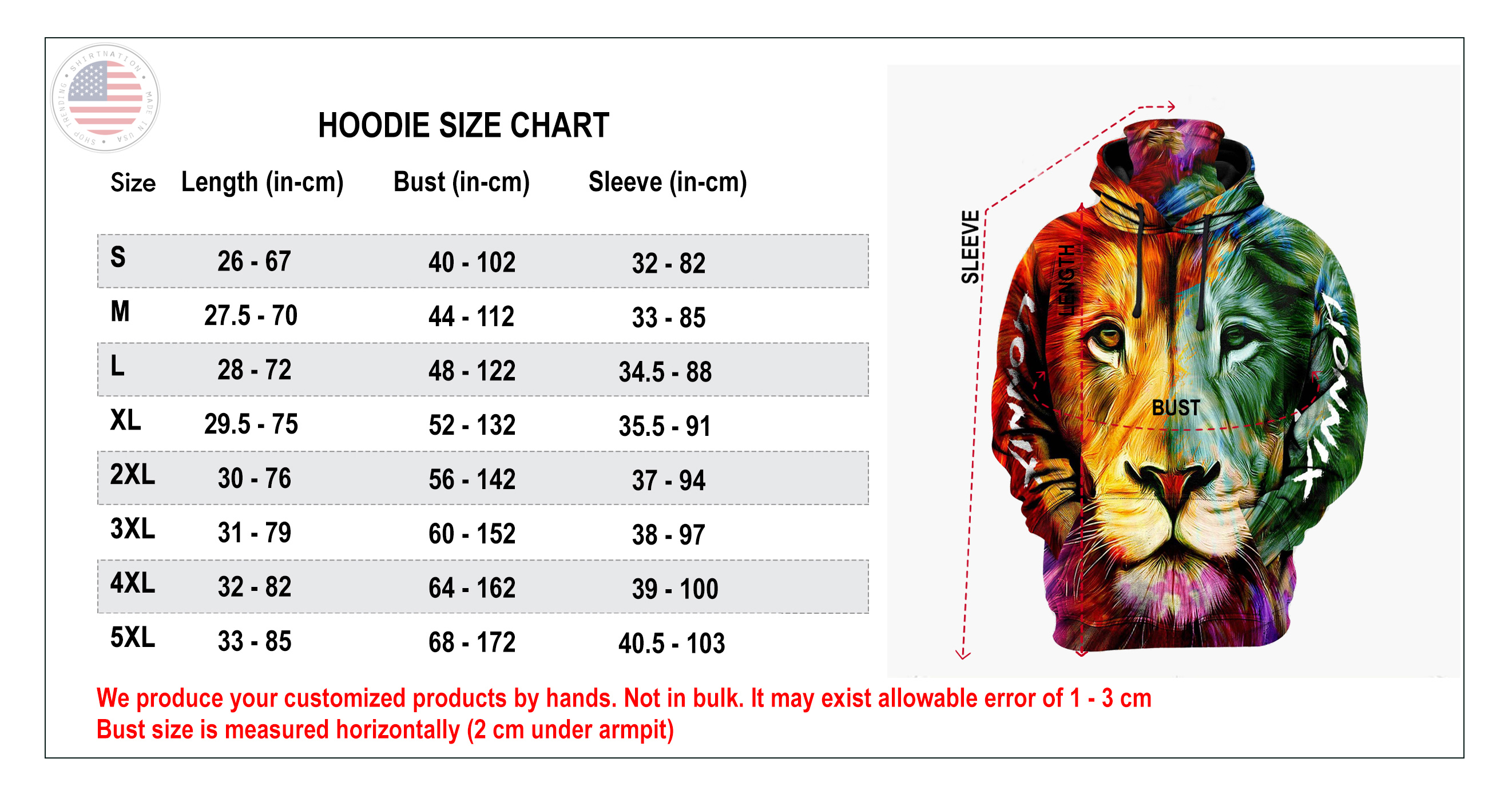 Shirtnation Hoodie Size Chart