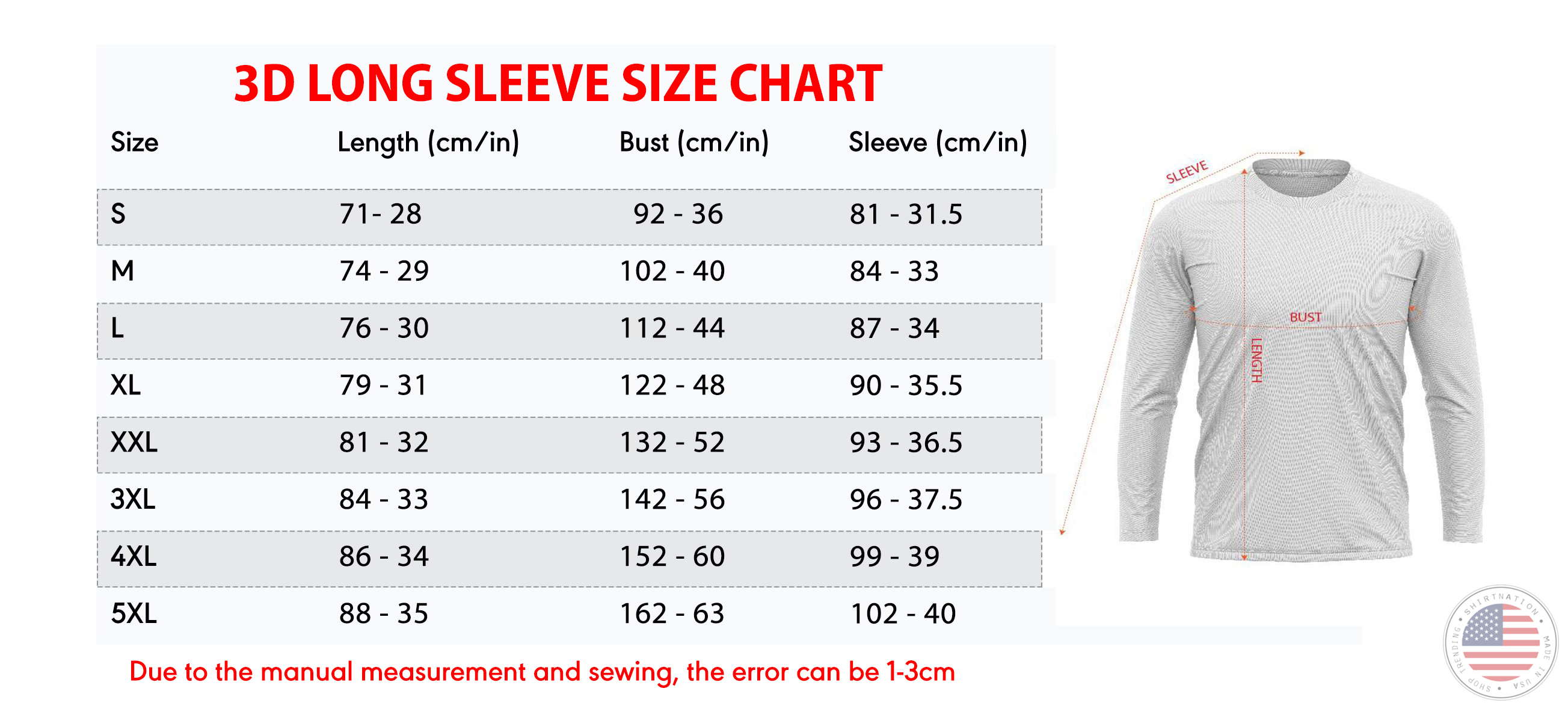 Shirtnation Long Sleeve Size Chart