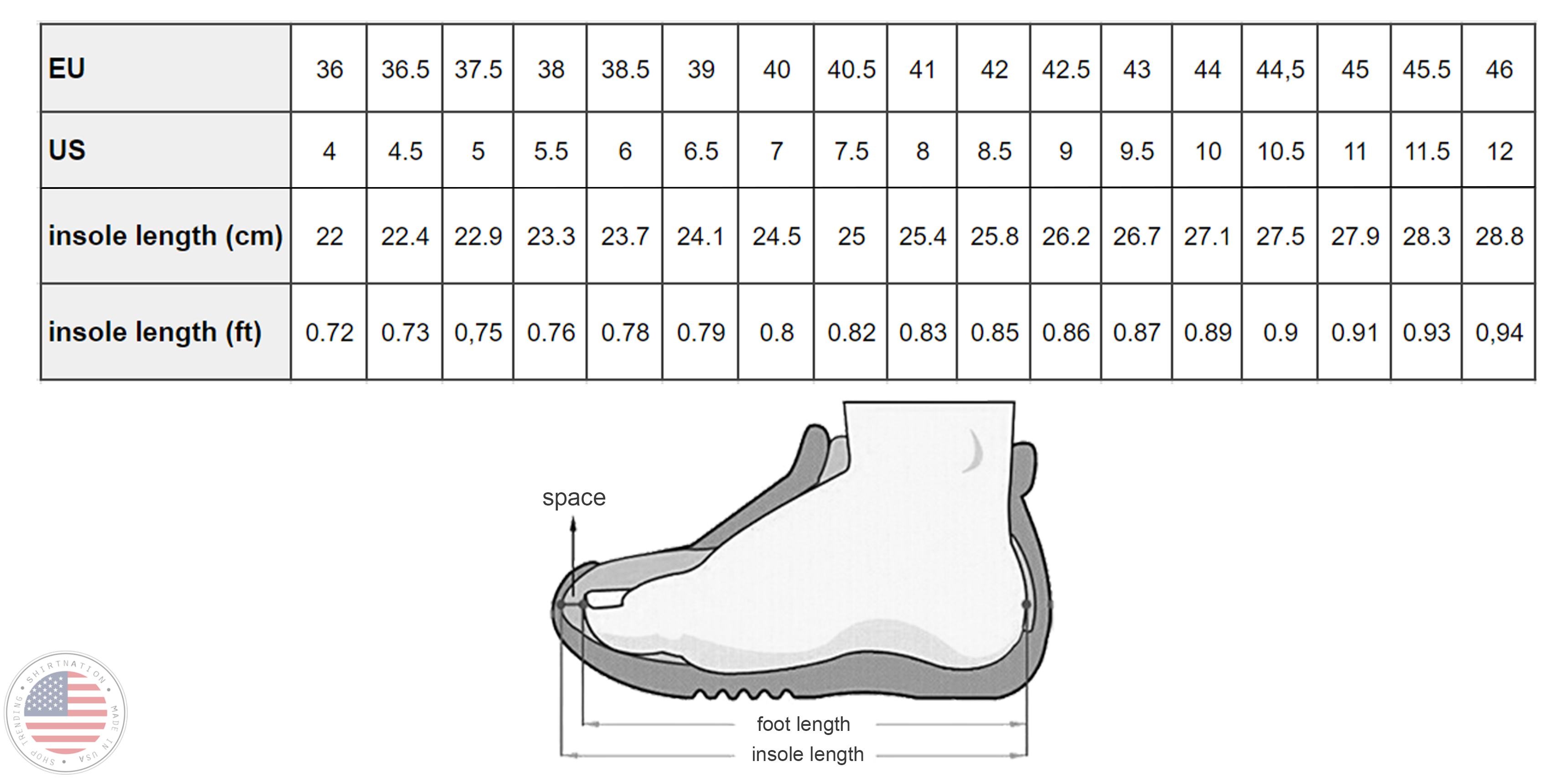 Sneaker Size Chart Shirtnation