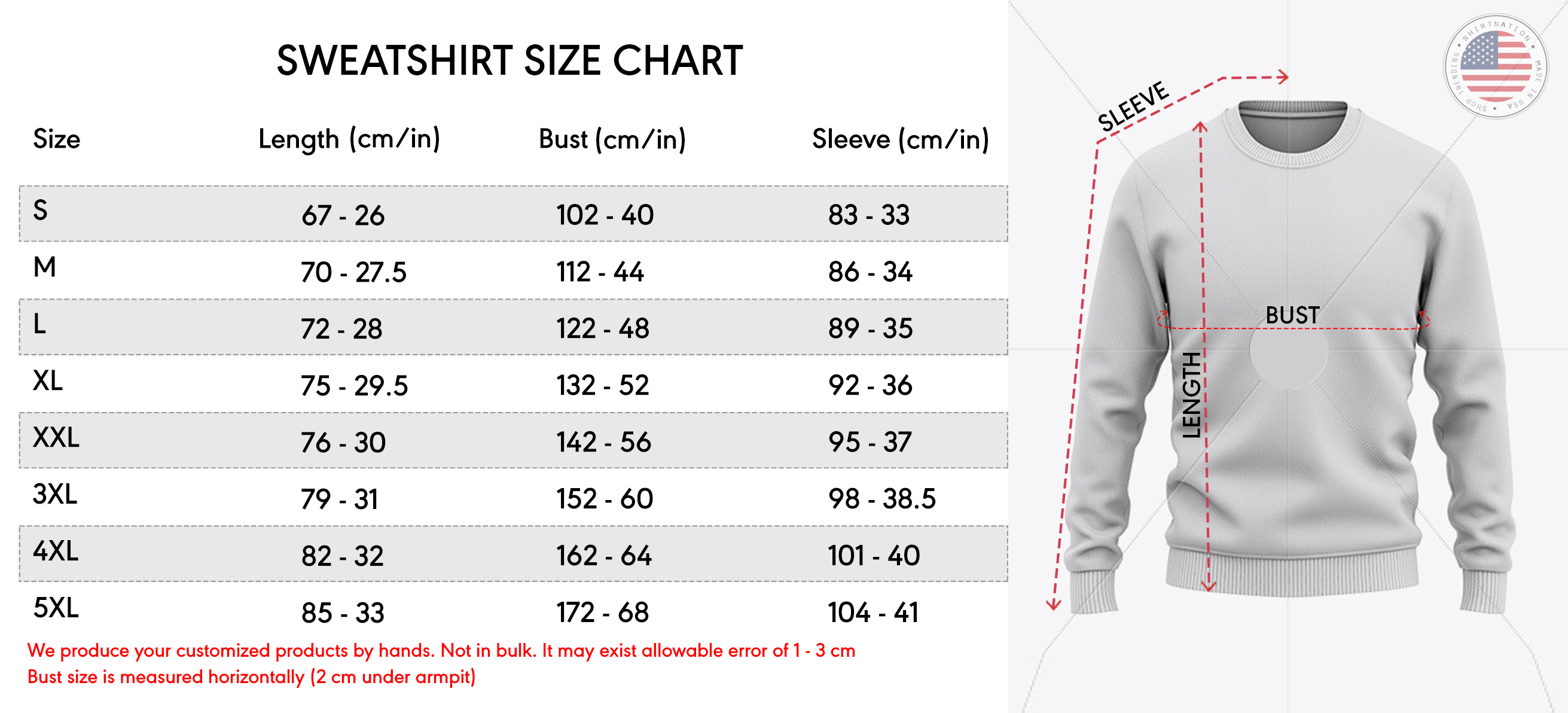 Sweater Size Chart Shirtnation
