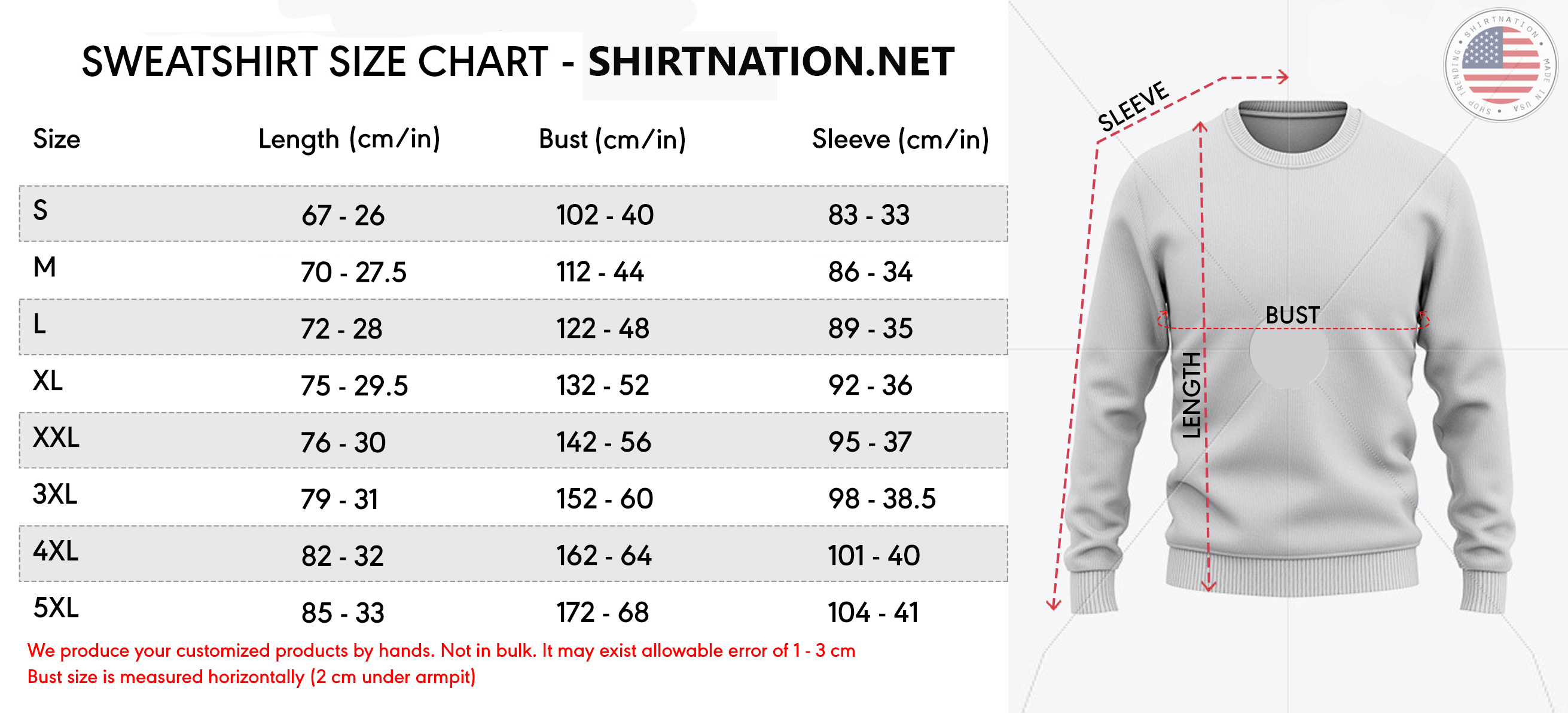 Sweatshirt Size Chart Shirtnation
