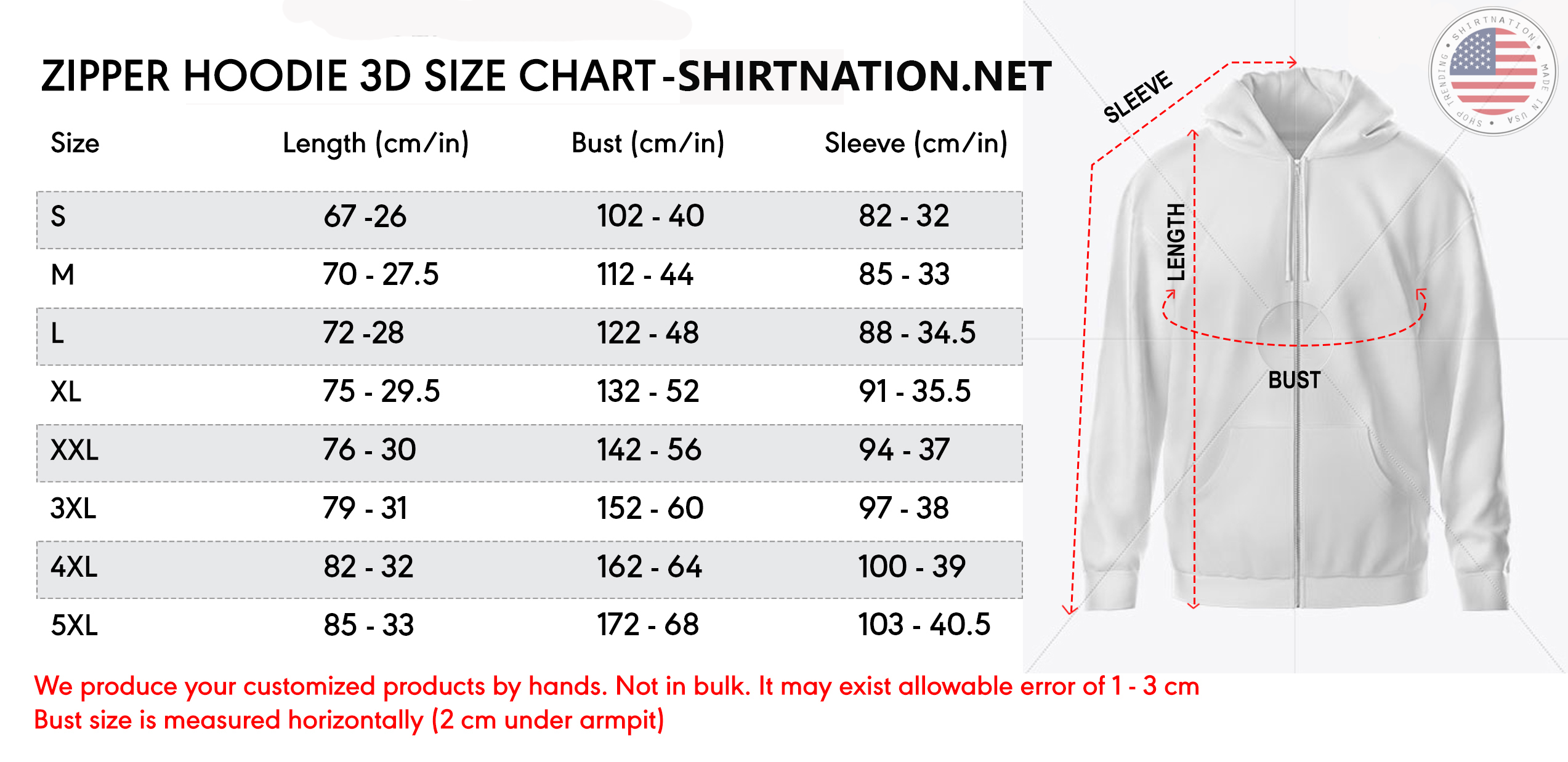 Zip Hoodie Size Chart Shirtnation