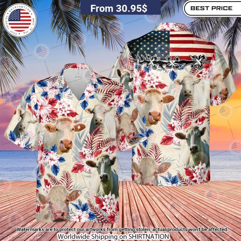 Charolais Cattle American Flag Flowers Hawaiian Shirt Natural and awesome