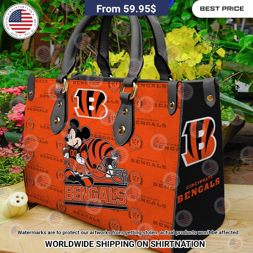 Cincinnati Bengals Mickey Mouse Leather Handbag Radiant and glowing Pic dear