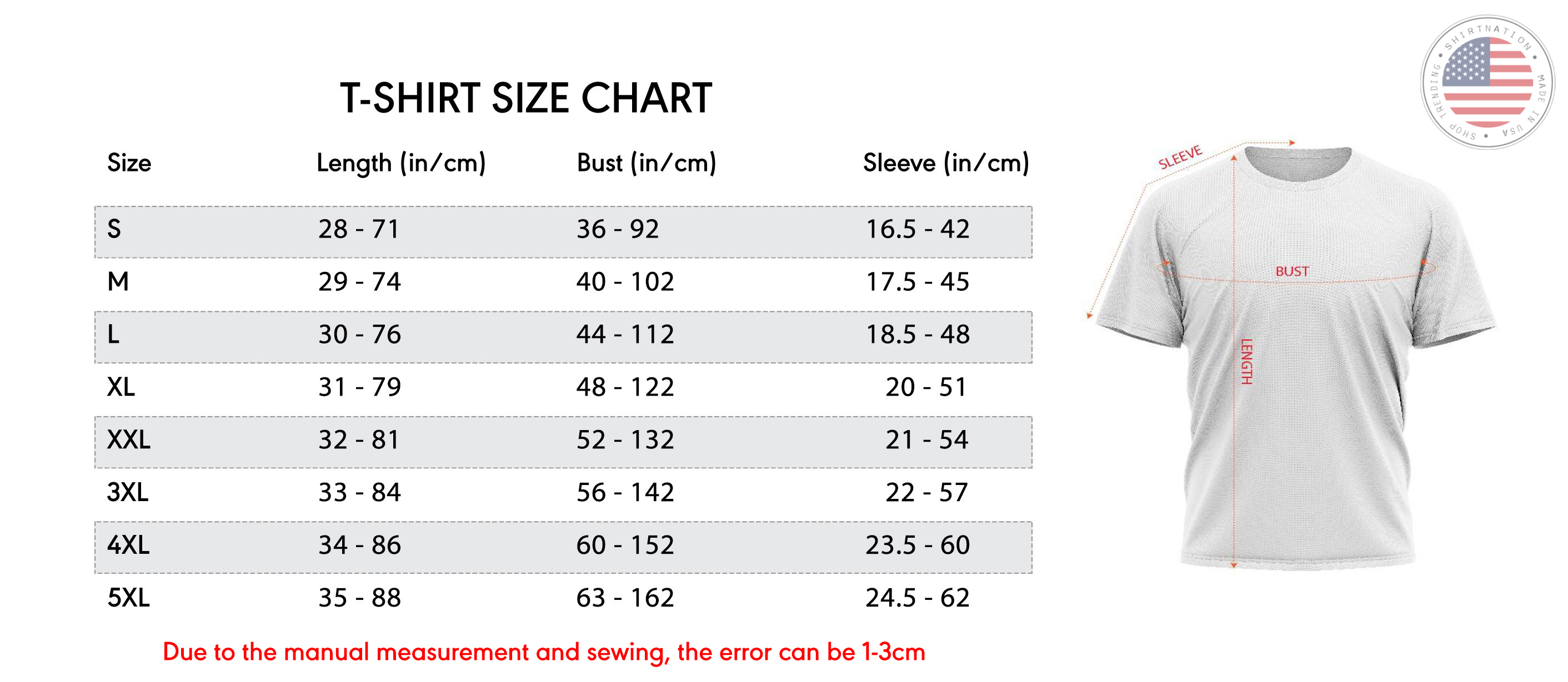 T Shirt Size Chart Shirtnation