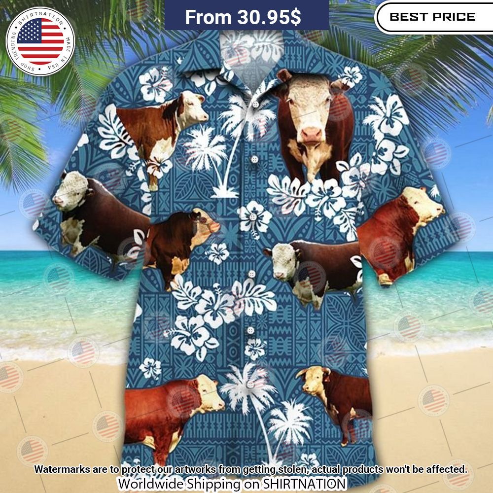 Hereford Cattle Blue Tribal Hawaiian Shirt