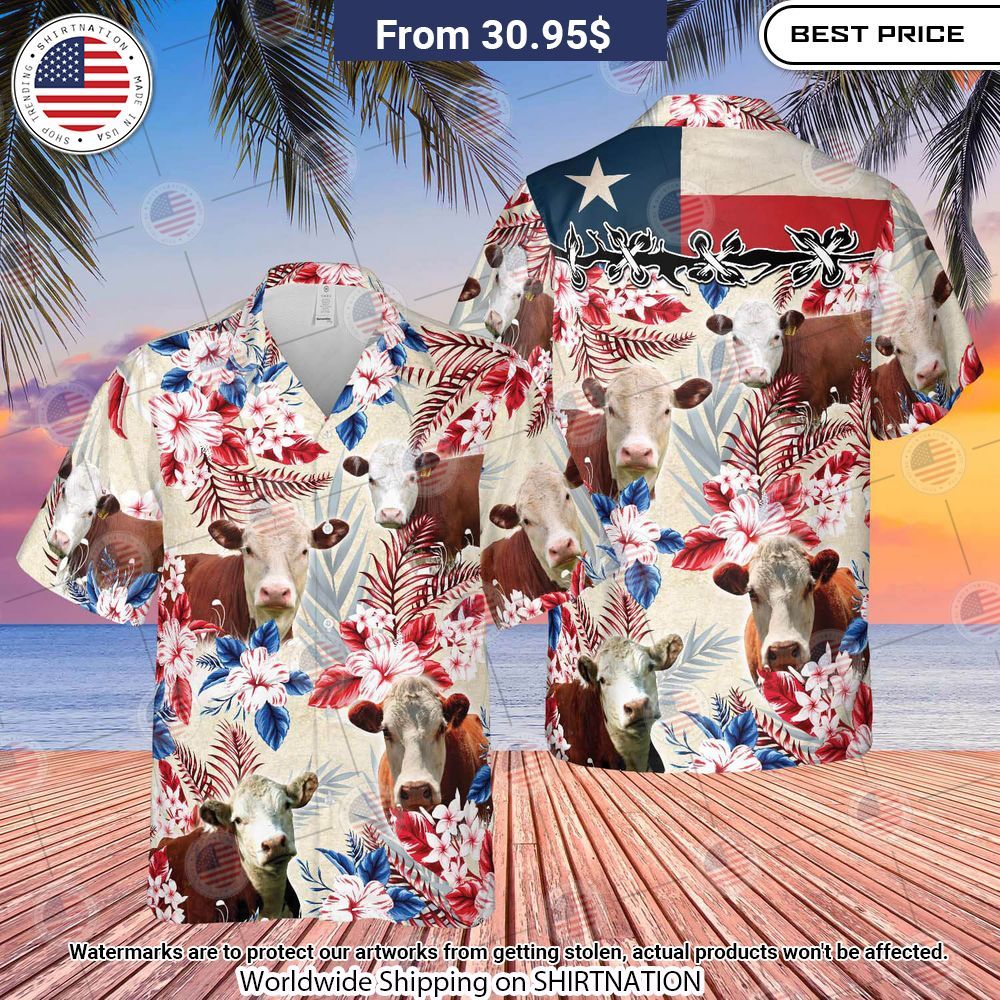 Hereford Cattle Texas Flag Flowers Hawaiian Shirt