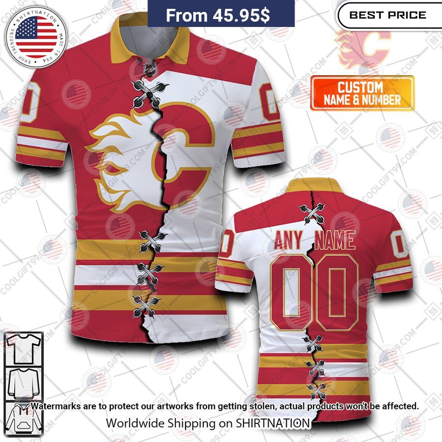 HOT Calgary Flames Mix Home Away Jersey Polo Shirt Amazing Pic