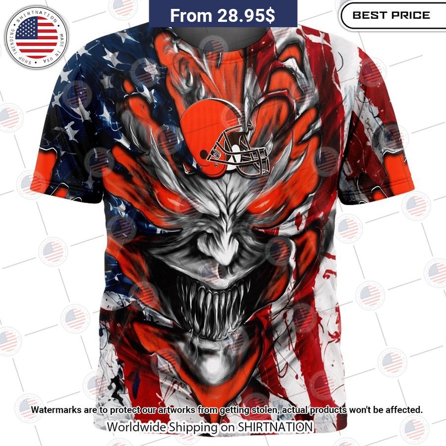 HOT Cleveland Browns Demon Face US Flag Shirt Rocking picture