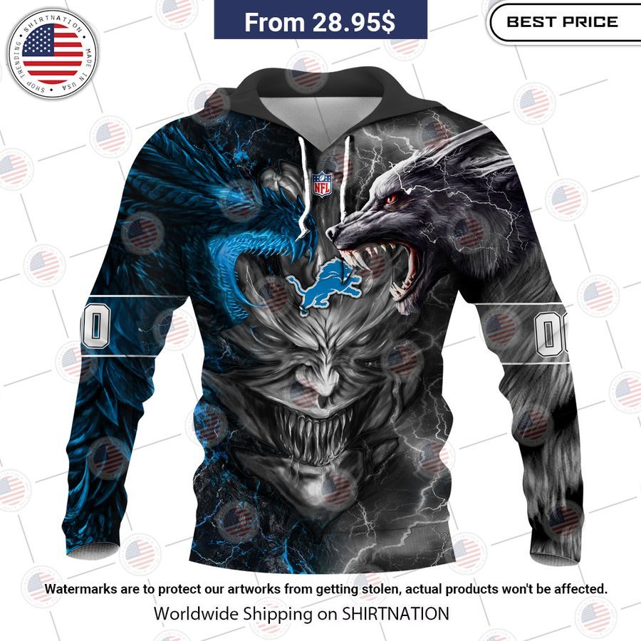 HOT Detroit Lions Demon Face Wolf Dragon Shirt Super sober