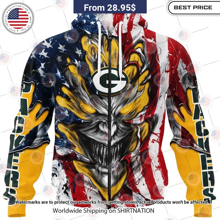 HOT Green Bay Packers Demon Face US Flag Shirt Cutting dash