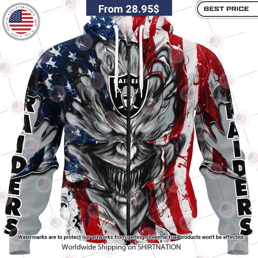 HOT Las Vegas Raiders Demon Face US Flag Shirt Cutting dash