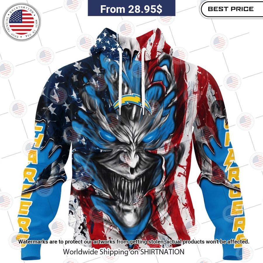 HOT Los Angeles Chargers Demon Face US Flag Shirt Stand easy bro