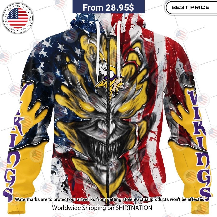 HOT Minnesota Vikings Demon Face US Flag Shirt Rocking picture